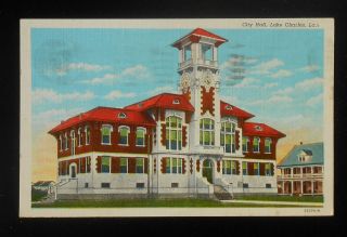 1943 City Hall Ww2 Soldiers Mail Lake Charles La Calcasieu Co Postcard Louisiana