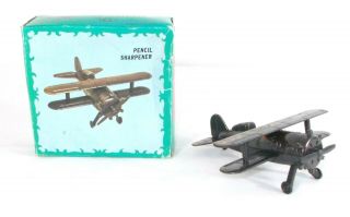 Vtg Antique Finish Die Cast Miniature Pencil Sharpener Airplane Biplane No 201