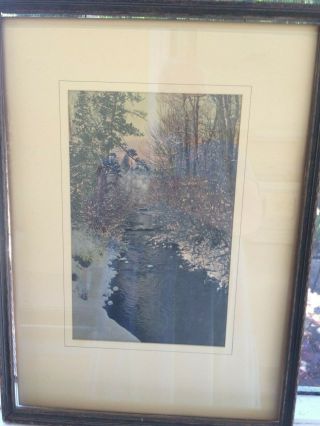 Vintage Hand Colored Photo Of Stream In Winter Matted & Framed