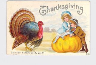 Antique Postcard Thanksgiving Little Boy And Girl On Pumpkin With Turkey Embosse