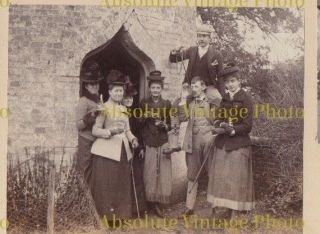 Unusual Photo Group In Church Doorway With Candle & Drinks Old Album Page C.  1900