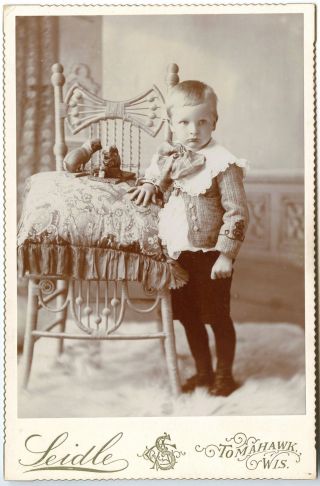 Cabinet Card Image Of Young Child With His Iron Toy Dog On Chair