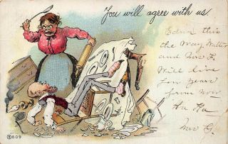 Vtg 1906 Postcard Wife Beating Husband You Will Agree Man Woman Humor / A38