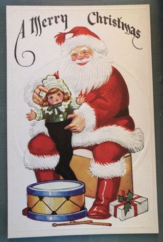 Cute Santa Claus With Doll Drum Vintage Christmas Postcard - - A234