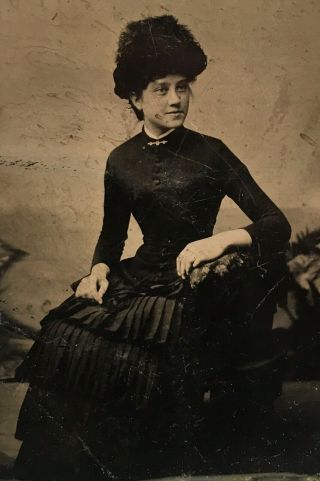 Antique American Pretty Young Lady School Girl Black Dress Fur Hat Tintype Photo