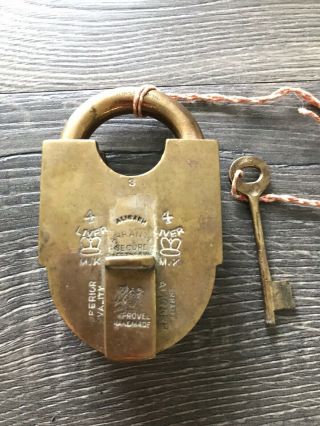 Antique Brass Padlock With Key And Numerous Markings