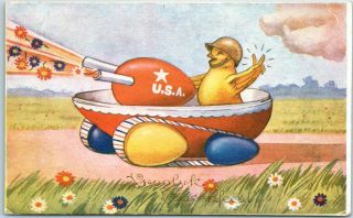 Vintage Comic / Easter Postcard Chick In Usa Colored Egg - Tank / V Victory Sign
