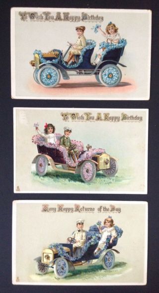 Tuck " Birthday " Series 250 Postcards (3) Flower Trimmed Automobiles - Pretty