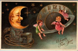 Postcard Man In The Moon Embossed Happy Year Vintage A3