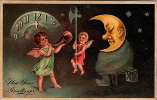 Postcard Man In The Moon Embossed Year Greetings Vintage A3