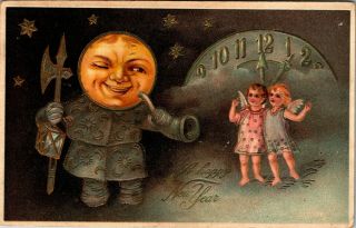 Postcard Man In The Moon Embossed A Happy Year Vintage A3