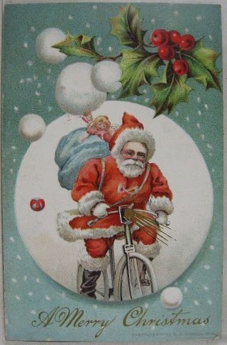 Antique Postcard Embossed Greetings Santa On Bike Christmas Robbins