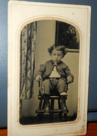 Cdv Size Antique Tintype Sharp Photo Of Young Boy Sleeve Great Shape