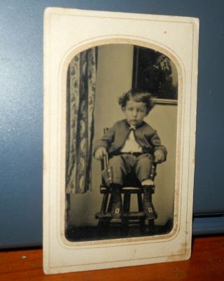 CDV size ANTIQUE TINTYPE SHARP PHOTO of young Boy sleeve great shape 2
