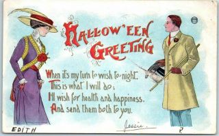 Vintage " Halloween Greeting " Postcard Man Woman Clothes Fashion 1909 Cancel