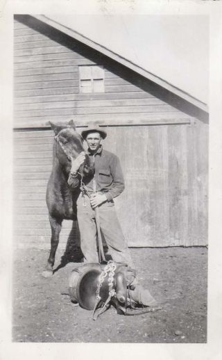 Vintage Photo Snapshot Man Cowboy Posing With Horse Western Saddle & Tack 1930s
