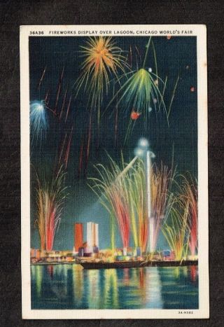 Vintage Postcard Fireworks Display Over Lagoon Chicago Worlds Fair