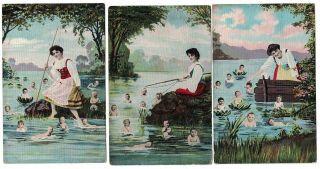 3 Antique 1910 Victorian Lady Fishes For Babies In Lake Postcard