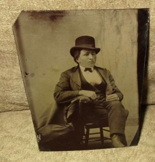 Antique Tintype Photograph Sitting Man In Hat 2 - 1/2 " X 3 - 1/2 "