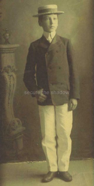 Cabinet Card Photo: Patrician Young Boy In Boater Hat,  Jacket & Tie York,  Ny