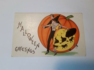 Halloween Greetings Postcard Lady In Witch Dress Large Pumpkin Black Cats
