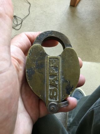 Old Antique Brass Padlock Lock Marked Safe No Key