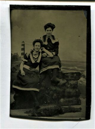 1870s Tintype,  Fun Two Women Enjoying The Beach 3 - 1/2 X 2 - 1/2