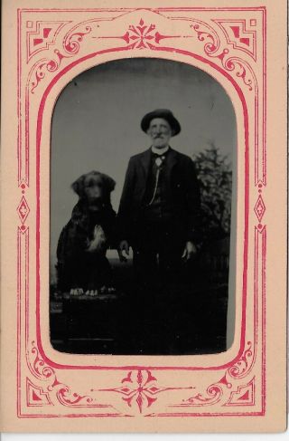 19th Century Tintype,  Bearded Man In Hat,  With Dog