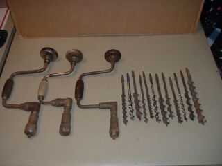Vintage Antique Hand Brace Drill And 12 Auger Bits Craftsman Winchester Victor