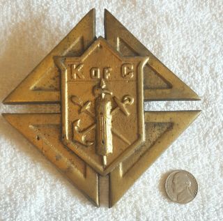 Vintage Knights Of Columbus Gold Tone Sign Badge Plaque Auto Emblem Screwback Kc