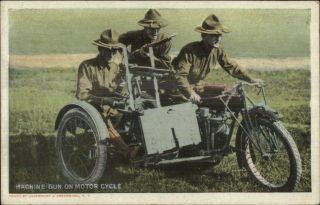 Wwi Era Soldiers On Motorcycle W/ Side Car Machine Gun C1918 Postcard