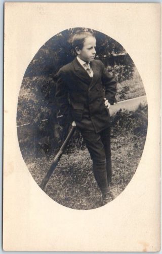 1910s Rppc Photo Postcard Boy In Suit,  Leaning On Baseball Bat " Robert Halse "
