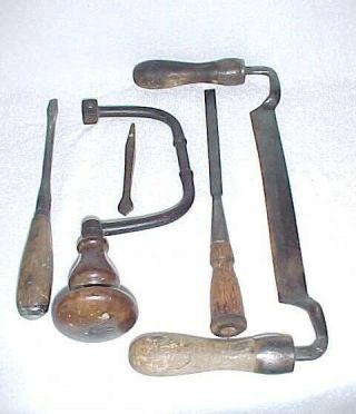 4 Antique Wood Handled Tools: Drill,  Screwdriver,  Chisel,  2 Handle Draw Knife
