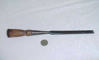 4 ANTIQUE WOOD HANDLED TOOLS: DRILL,  SCREWDRIVER,  CHISEL,  2 HANDLE DRAW KNIFE 6