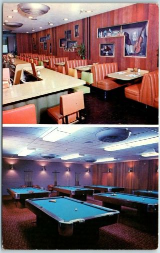 Modesto,  Ca Postcard Yosemite Lanes Bowling Alley Pool Tables Coffee Shop C1950s