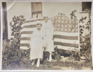Two Ww1 Era Nurses Stand In Front Of Large American Flag 3” By 4” Circa 1917