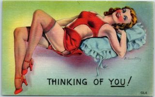 1940s Pin - Up Girl Linen Postcard Artist - Signed B Armstrong Thinking Of You Gl - 6