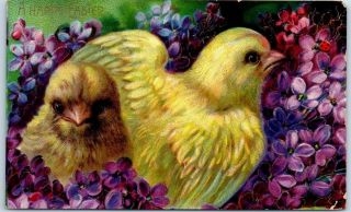 Vintage Easter Holiday Embossed Postcard Yellow Chicks / Colorful Flowers 1910