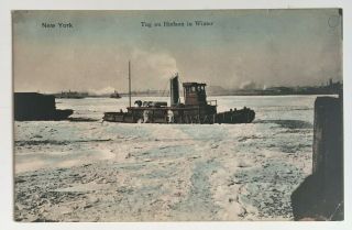 Ny Postcard York City Tug On Hudson In Winter Snow Ice Ship Tugboat River