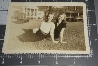 Affectionate Women Lesbian Friends Woman Lay In Grass Hold Hands Vintage Photo