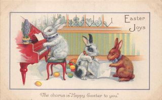 Easter Holiday Bunny Eggs Music Piano Chorus Fantasy Postcard (c.  1915)