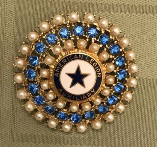 Vintage American Legion Auxiliary Pin: Blue Rhinestones White Pearl Beads Gold T