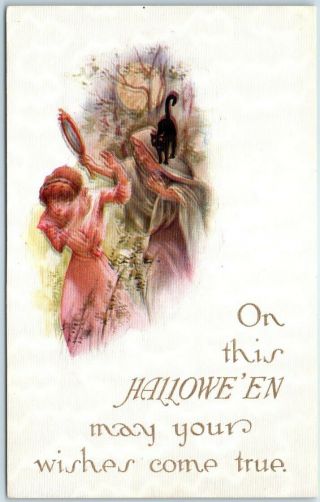 1910s Gibson Halloween Postcard " May Your Wishes Come True " Girl Mirror