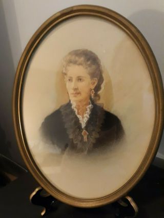 Antique Hand Tinted Painted Photo Portrait Of A Woman Oval Wood Framed