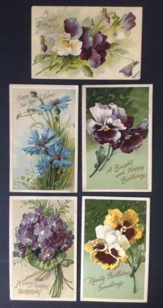 Artist Signed C.  Klein Birthday Postcards (5) Florals,  Lovely Embossing