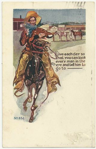 1908 H.  H.  Tammen Denver No 852 Western / Cowboy On Horse Embossed Postcard