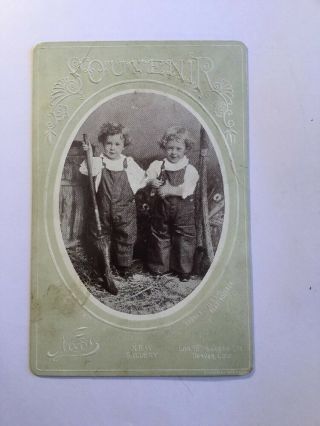 Antique Cabinet Card Two Cute Curly Haired Little Boys In Overalls Denver Co