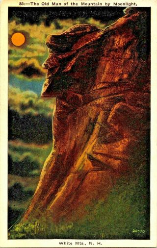 Old Postcard Nh 1920s The Old Man Of The Mountain By Moonlight White Mts B9