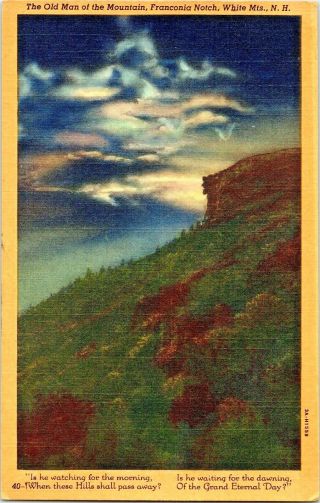 Old Postcard Nh 1947 The Old Man Of The Mountain Franconia Notch Night Linen B9