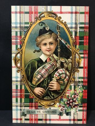 Antique Scottish Postcard To Gie Ye Greeting Boy & Bag Pipes,  Embossed,  C1910